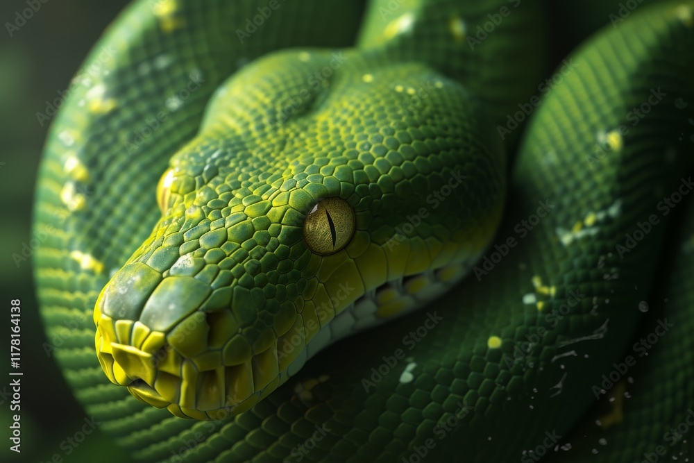 Obraz premium A vibrant green python rests on lush foliage, showcasing its intricate scales and golden eyes, blending seamlessly into the rainforest environment during daylight