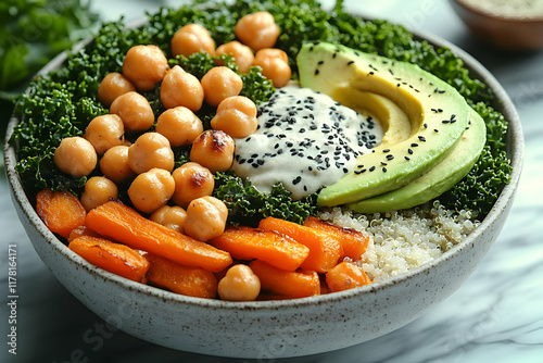 Vibrant Vegan Quinoa Bowl with Roasted Carrots, Chickpeas, Avocado, and Kale
