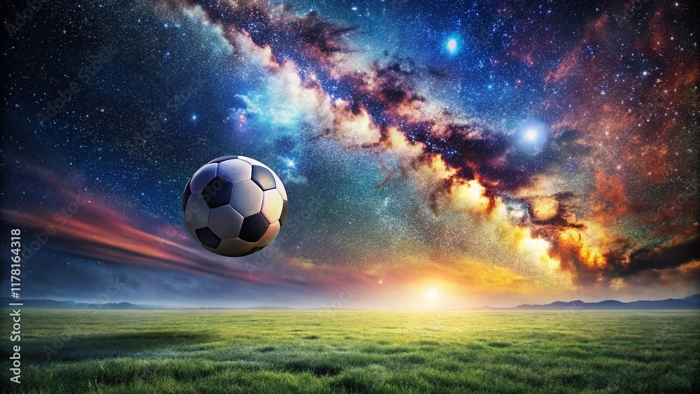 Fototapeta premium Surreal Football Field: Floating Ball, Starry Night Sky