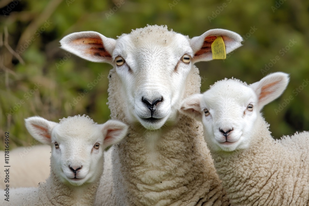 A group of sheep standing together, often used in rural or farm settings A group of sheep standing together, often used in rural or farm settings