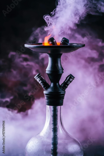 Close up on hookah for vaping. Ceramic hookah bowl with hot coals and smoke on colored abstract background with copy space, banner template photo