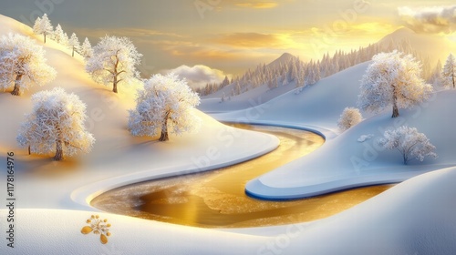 A tranquil snowy mountain scene with frosted trees, a winding river, and warm golden light reflecting off the snow.