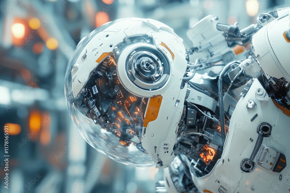 Fototapeta premium Futuristic robot in a high-tech environment, a close-up shot with a blurred background of digital and mechanical elements. - Generative AI