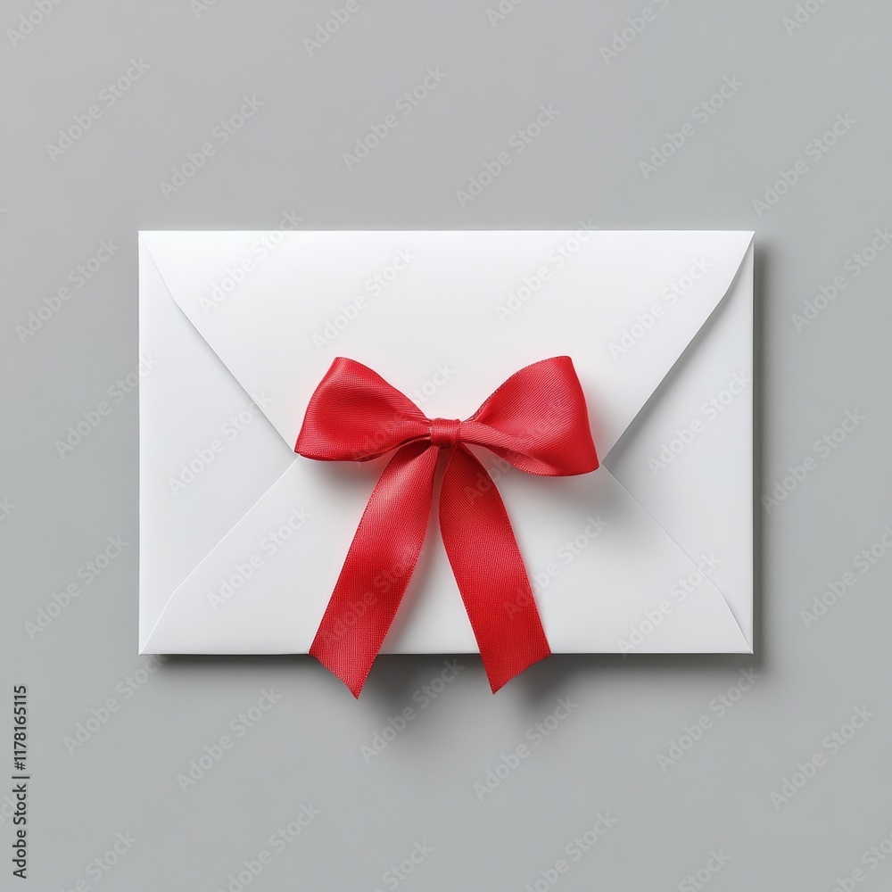 A red ribbon encircles a white blank gift voucher, showcased on a grey background with a shadow, offering a clean and isolated Christmas design.