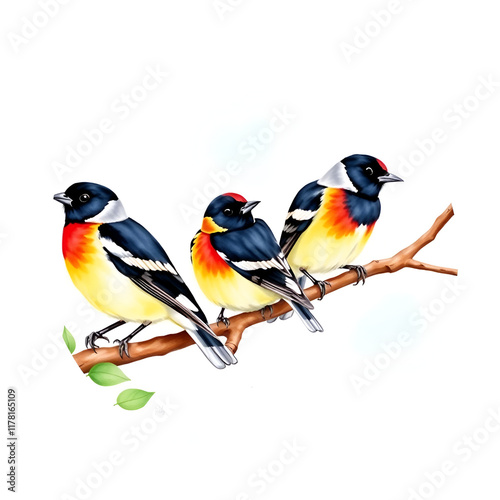 Circular watercolor painting of evening grosbeaks on a tree limb, Watercolor, Painting, Evening Grosbeak, Birds photo