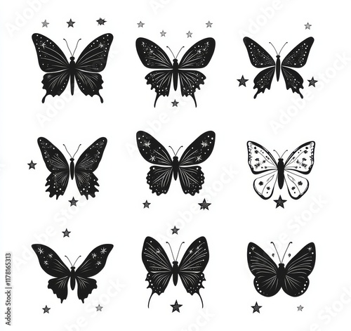 Silhouettes of black butterflies on a white background, with a modern design featuring a flying shape. Abstract butterfly contours for decoration, including star-shaped sparkle icons. photo