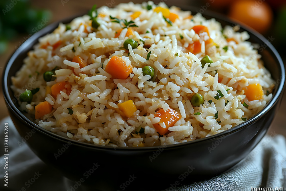 Close-up of a bowl of delicious vegetable fried rice, featuring fluffy rice, vibrant carrots, and green peas. Close-up of a bowl of delicious vegetable fried rice, featuring fluffy rice, vibrant carrots, and green peas.