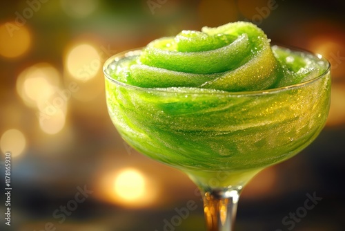 Refreshing green slush cocktail served in a crystal glass with a decorative rose-shaped topping. Generative AI