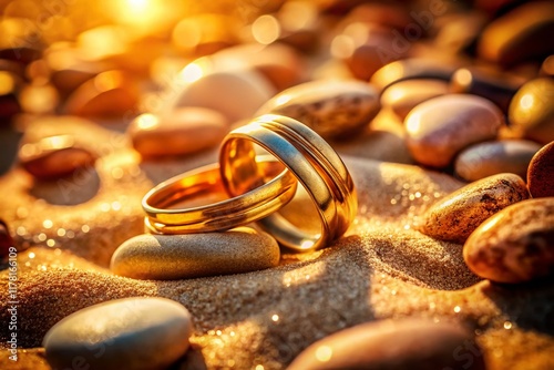 Surreal Golden Rings Still Life on Sandy Stone Nature Background photo