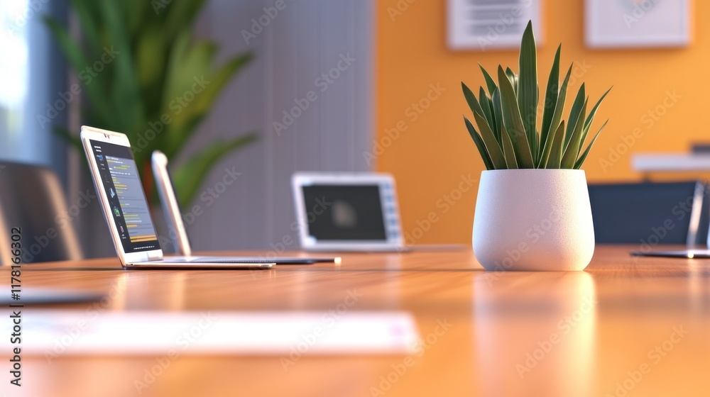 Fototapeta premium Modern office setting with laptops and a potted plant.