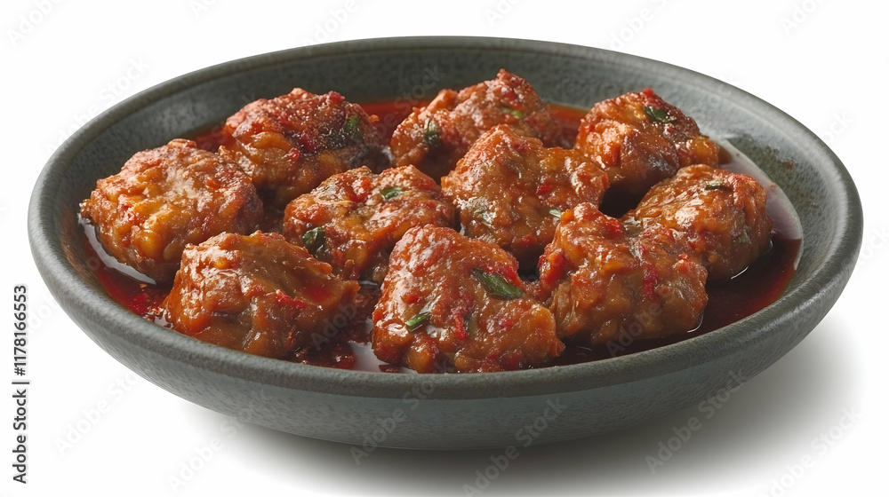 Close-up of savory meatballs in a rich, red sauce, served in a dark gray bowl, isolated on a white background. Close-up of savory meatballs in a rich, red sauce, served in a dark gray bowl, isolated on a white background.