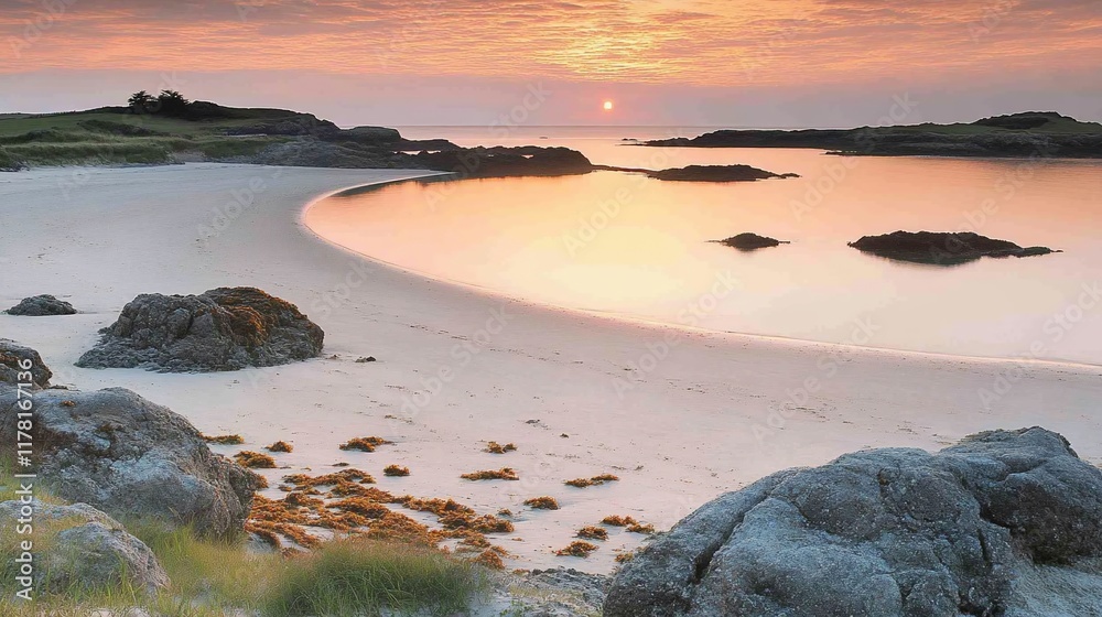 Serene sunset over a secluded sandy beach with calm water, rocks, and coastal vegetation.