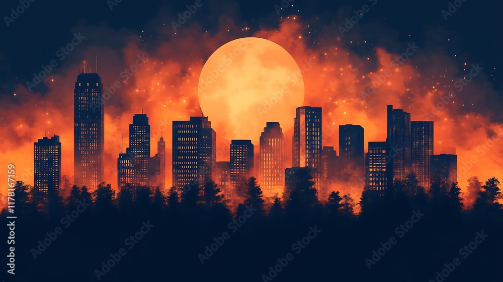 Fototapeta premium Cityscape Silhouette Underneath an Orange Moon and Smoky Sky