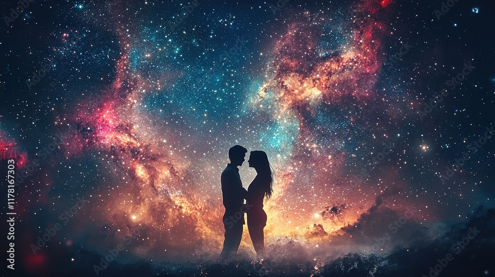 Fototapeta premium Cosmic connection romantic couple silhouetted against a vibrant galaxy starry sky digital art dreamy atmosphere