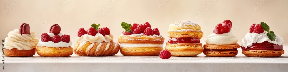 Delightful assortment of fresh pastries arranged elegantly against a soft cream background Delightful assortment of fresh pastries arranged elegantly against a soft cream background