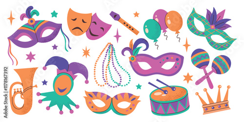 Mardi Gras carnival elements icons collection set illustrations. Mask with feathers, beads, drums, crown, music instruments photo