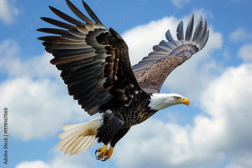 A majestic bald eagle soars high in the clear blue sky above while showcasing its impressive wingspan and keen hunting ability during a sunny afternoon A majestic bald eagle soars high in the clear blue sky above while showcasing its impressive wingspan and keen hunting ability during a sunny afternoon