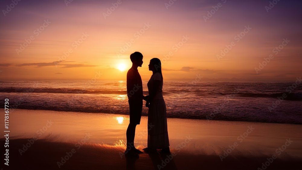 Fototapeta premium Waves roll in the background, adding a serene and romantic atmosphere. Silhouettes of two lovers standing next to each other against the backdrop of a sunset on the beach.