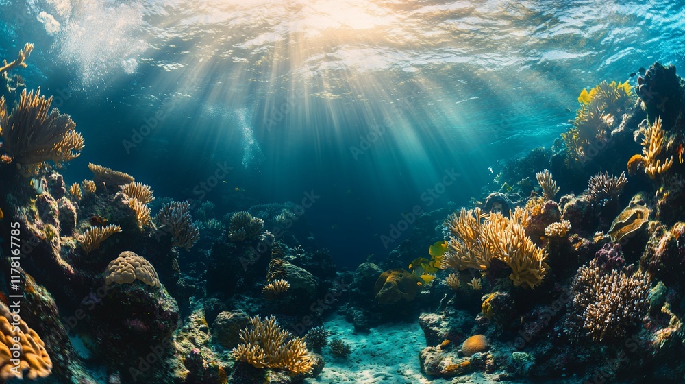 Obraz premium Sunbeams illuminate vibrant coral reef teeming with marine life.