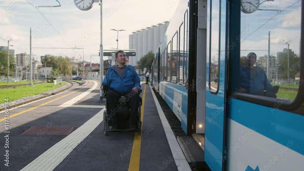 Man with physical disability, an electric wheelchair user entering a train, handheld shot. Accessible travel and inclusive transportation concepts.