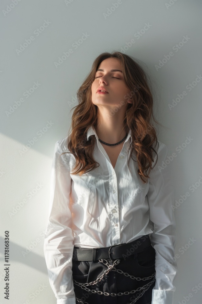 Corporate Captivity, Office woman in chains symbolizes workplace stress and confinement against a minimalist backdrop. Corporate Captivity, Office woman in chains symbolizes workplace stress and confinement against a minimalist backdrop.