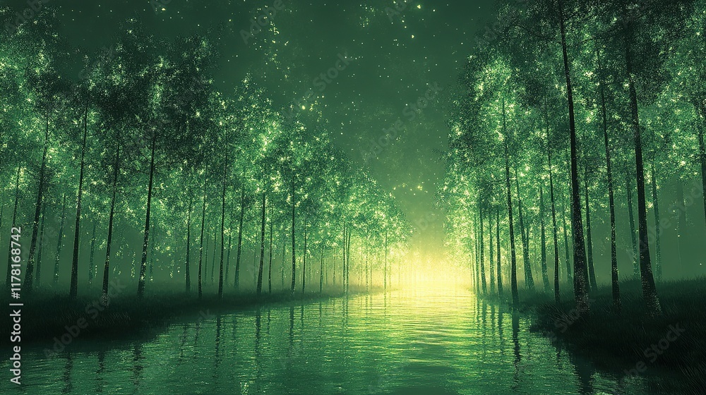 Obraz premium Enchanting green forest reflection on calm water nature scene tranquil environment dreamy concept