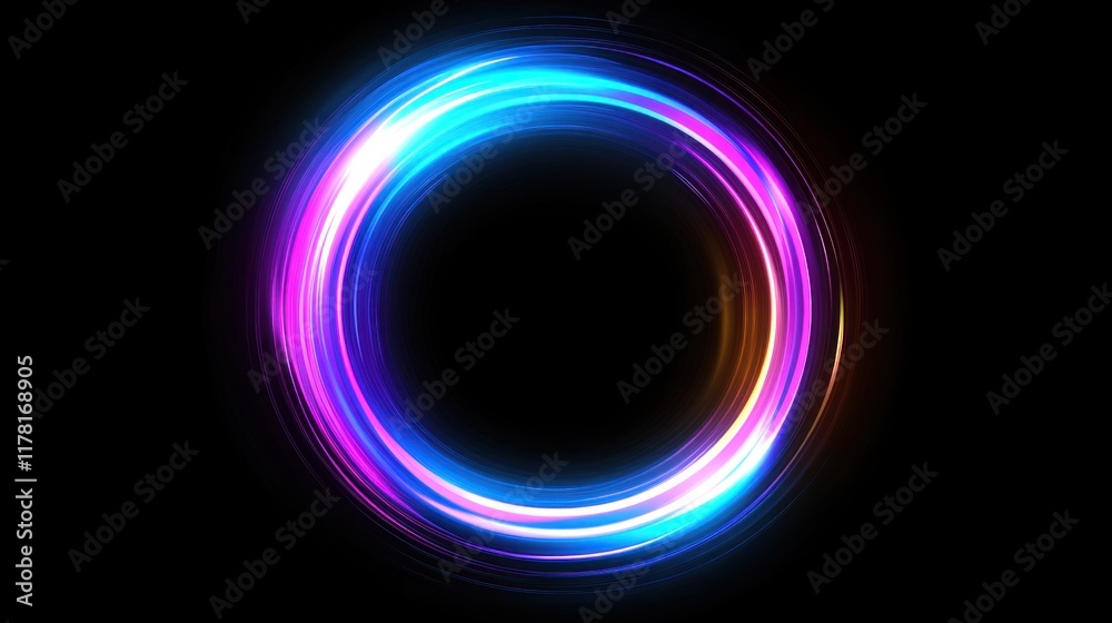 Abstract glowing neon circle with vibrant colors on black background.