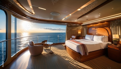 explore the serene luxury of a cruise ship cabin with ocean views during a tranquil afternoon at sea