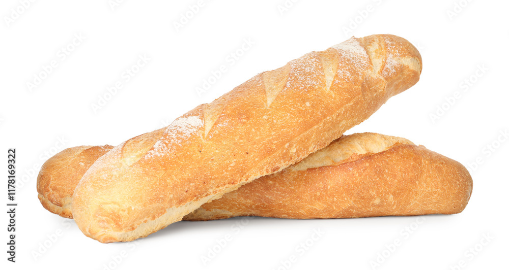 Two freshly baked baguettes isolated on white