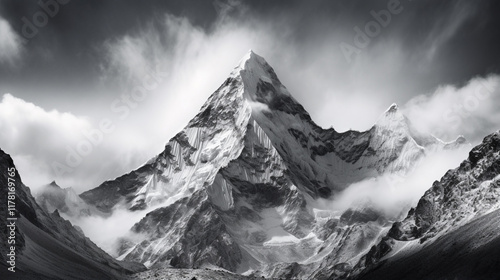 black and white picture of the everest mountain..  photo