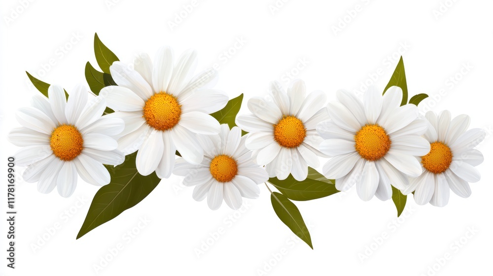 Fototapeta premium A decorative arrangement of daisies with green leaves.