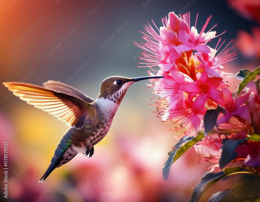 Obraz premium vibrant hummingbird hovering near pink flower
