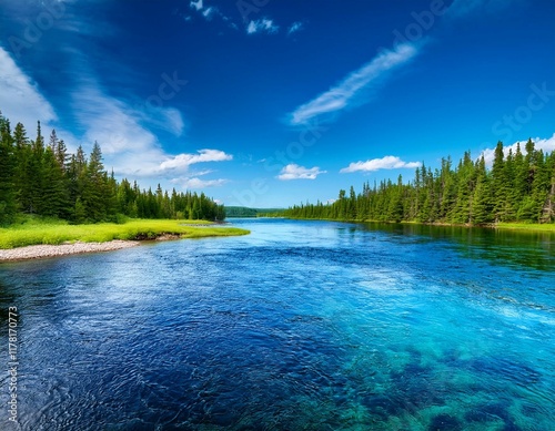 view on the incredibly blue waters of the bonaventure river in gaspesie quebec canada river landscapes ultra realistic photorealistic landscape photographywater travel sky beautiful tourism outdoor photo