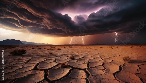 dark clouds build ominously over a cracked dry desert landscape as lightning strikes in the distance signaling an approaching storm generative ai photo