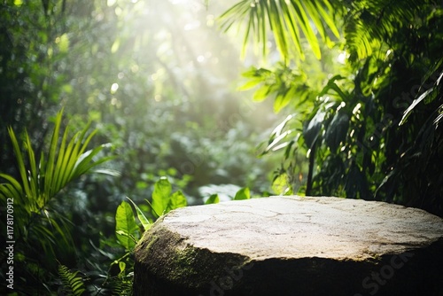 A large rock sits in the middle of a dense forest photo