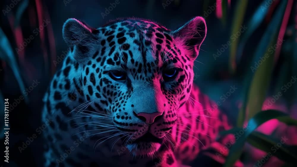 Blue and white leopard with glowing eyes is staring at the camera. 4K Video