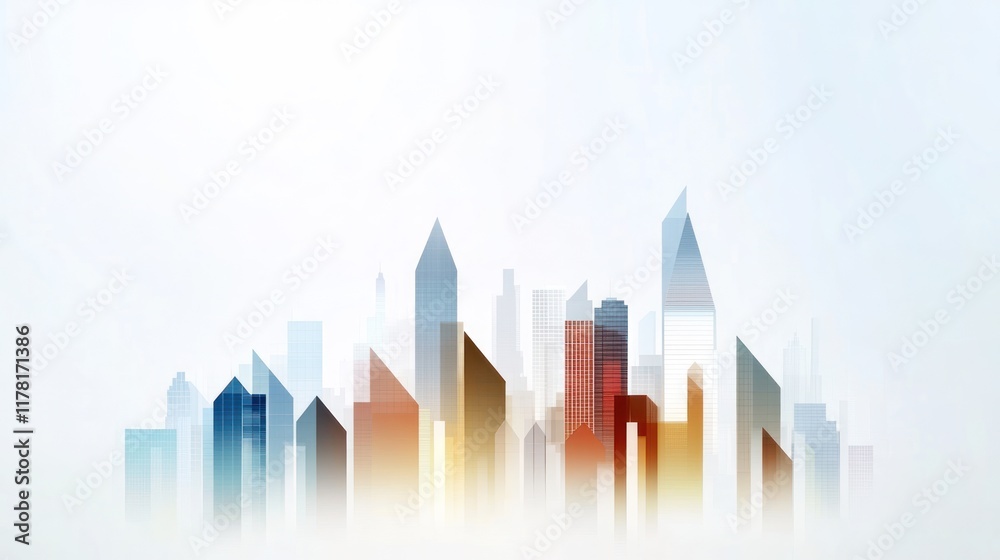 Abstract city skyline illustration with soft colors and shapes.