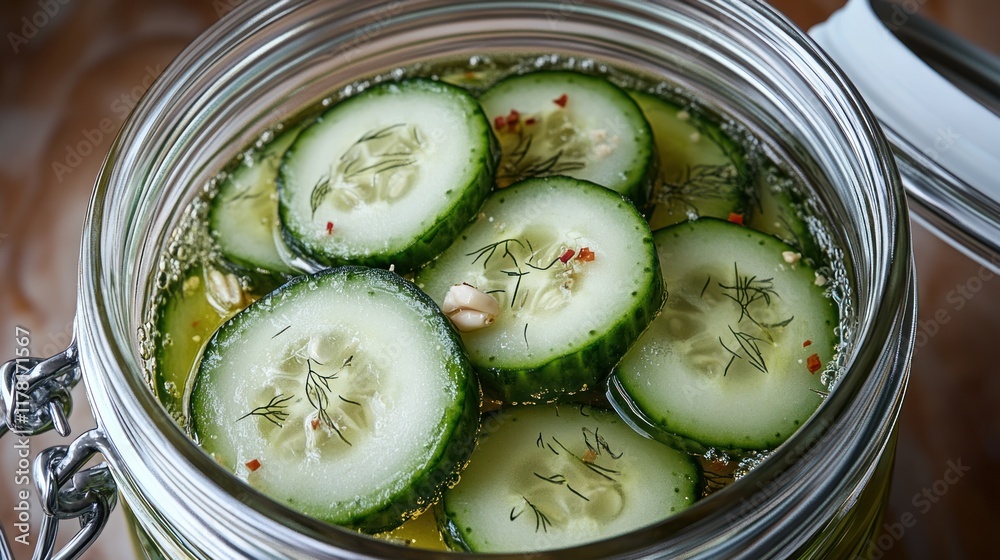 Fresh cucumber slices in a glass jar with herbs and spices for pickling at a home kitchen. Generative AI Fresh cucumber slices in a glass jar with herbs and spices for pickling at a home kitchen. Generative AI