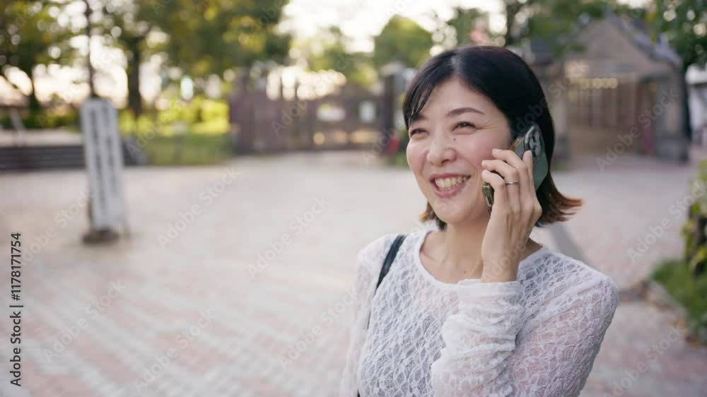 Happy japanese woman talking on smartphone in Tokyo Happy japanese woman talking on smartphone in Tokyo