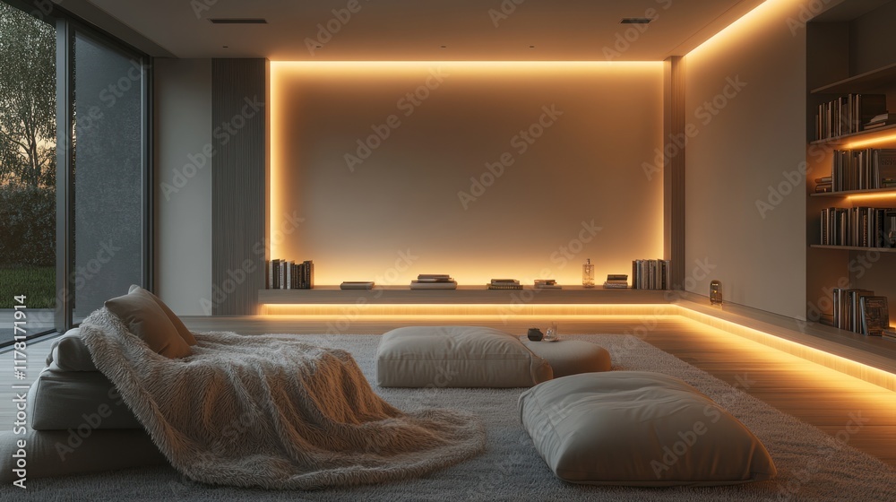 Relaxing interior with warm lighting and cozy seating in a contemporary living space. Generative AI Relaxing interior with warm lighting and cozy seating in a contemporary living space. Generative AI