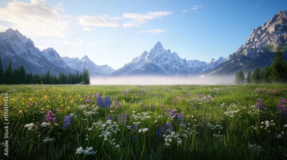 Fototapeta premium Scenic mountain landscape with vibrant wildflowers and mist.