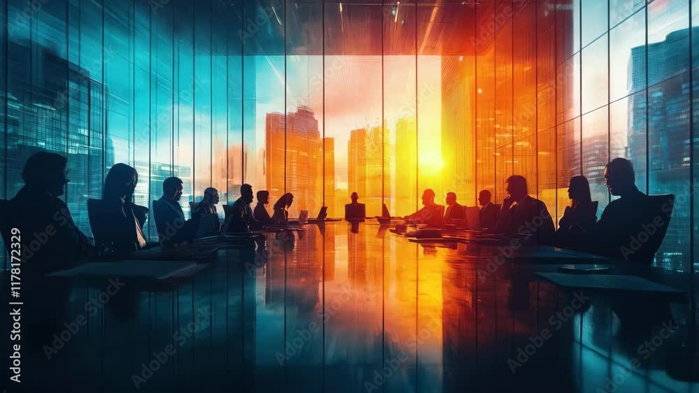 Group of people are sitting at a table in a room with a large window. 4K Video