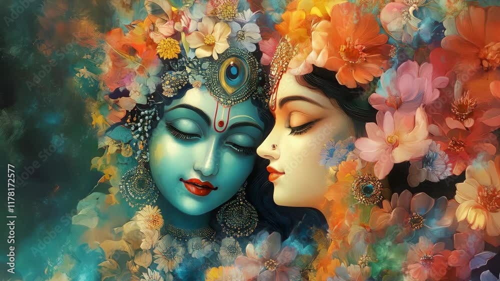 Painting of two women with flowers on their heads. 4K Video