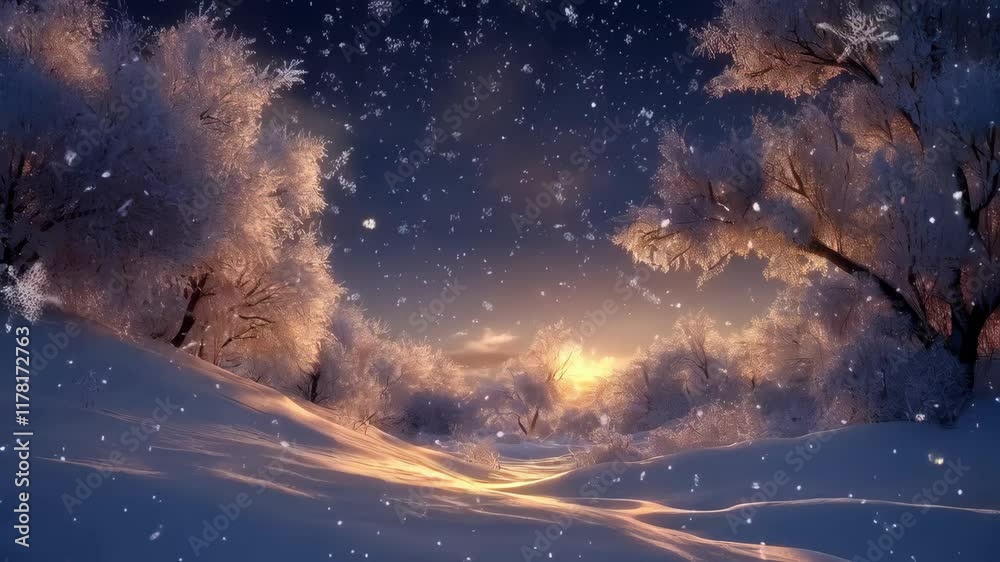 Snowy landscape with a sun setting in the background. 4K Video Snowy landscape with a sun setting in the background. 4K Video