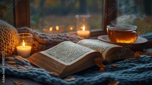 Cozy Autumn Evening With Tea Book And Candles photo