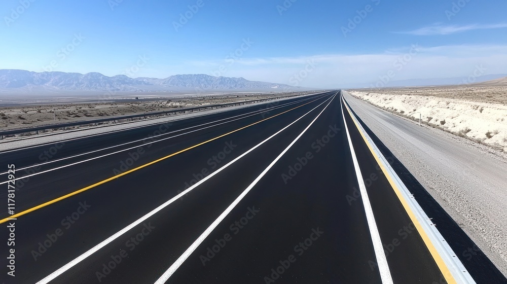 Fototapeta premium A wide, empty highway stretching into the distance under a clear sky.