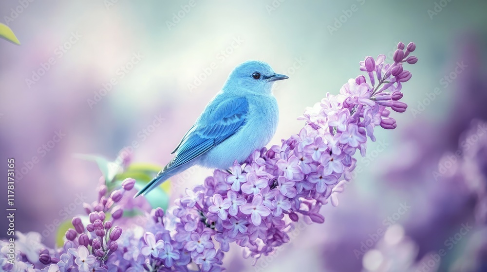 A bluebird sitting calmly on a lilac branch surrounded by delicate purple blooms. A bluebird sitting calmly on a lilac branch surrounded by delicate purple blooms.