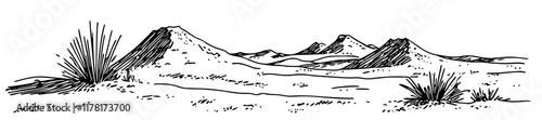 hand-drawn desert landscape with sand dunes, shrubs, and distant hills in black and white
