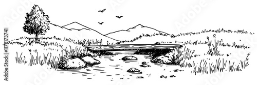 hand-drawn countryside stream with wooden bridge and mountains in black and white