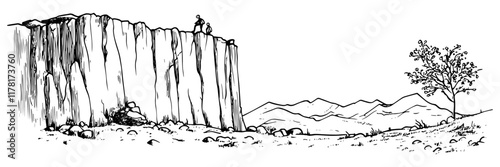 cliff with person on top and distant mountains, hand drawn sketch